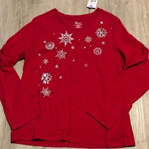 Penman Festive Red Long Sleeve Tee with Silver Snowflakes